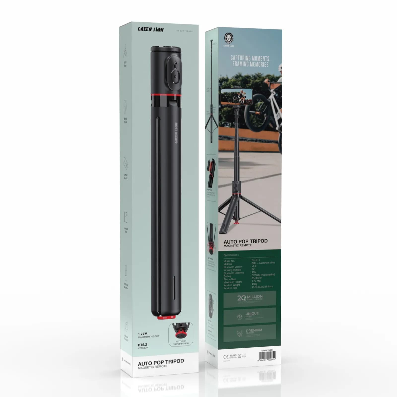 سه پایه موبایل خود بازشونده گرین لاین با ریموت Green Lion Auto Pop Tripod Magnetic Remote — تصویر ۷