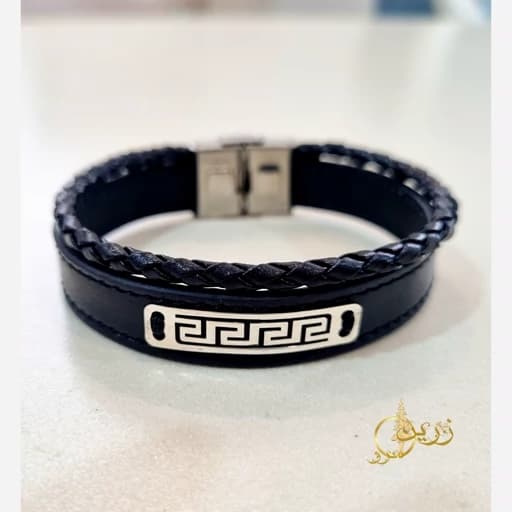 دستبند چرم مردانه نقره 925، پلاک نقره طرح دلخواه (چرم گاوی)