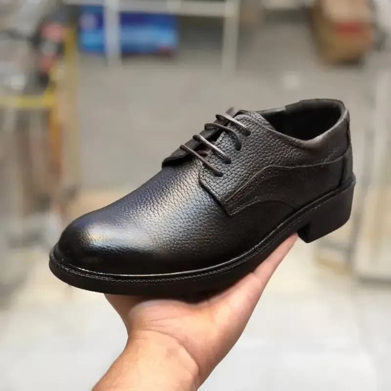 کفش چرم مردانه مدل افسری سوخته رخشی رویه چرم طبیعی گاوی زیره پیو سبک و مقاوم کفی طبی — تصویر ۱۱