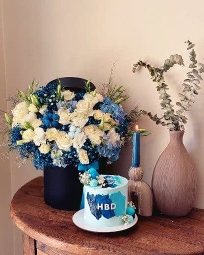 کیک تولد و باکس گل برای شوهر