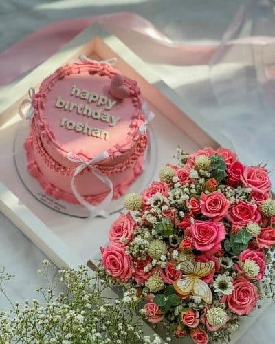 کادو تولد با گل تولد و کیک برای نامزد