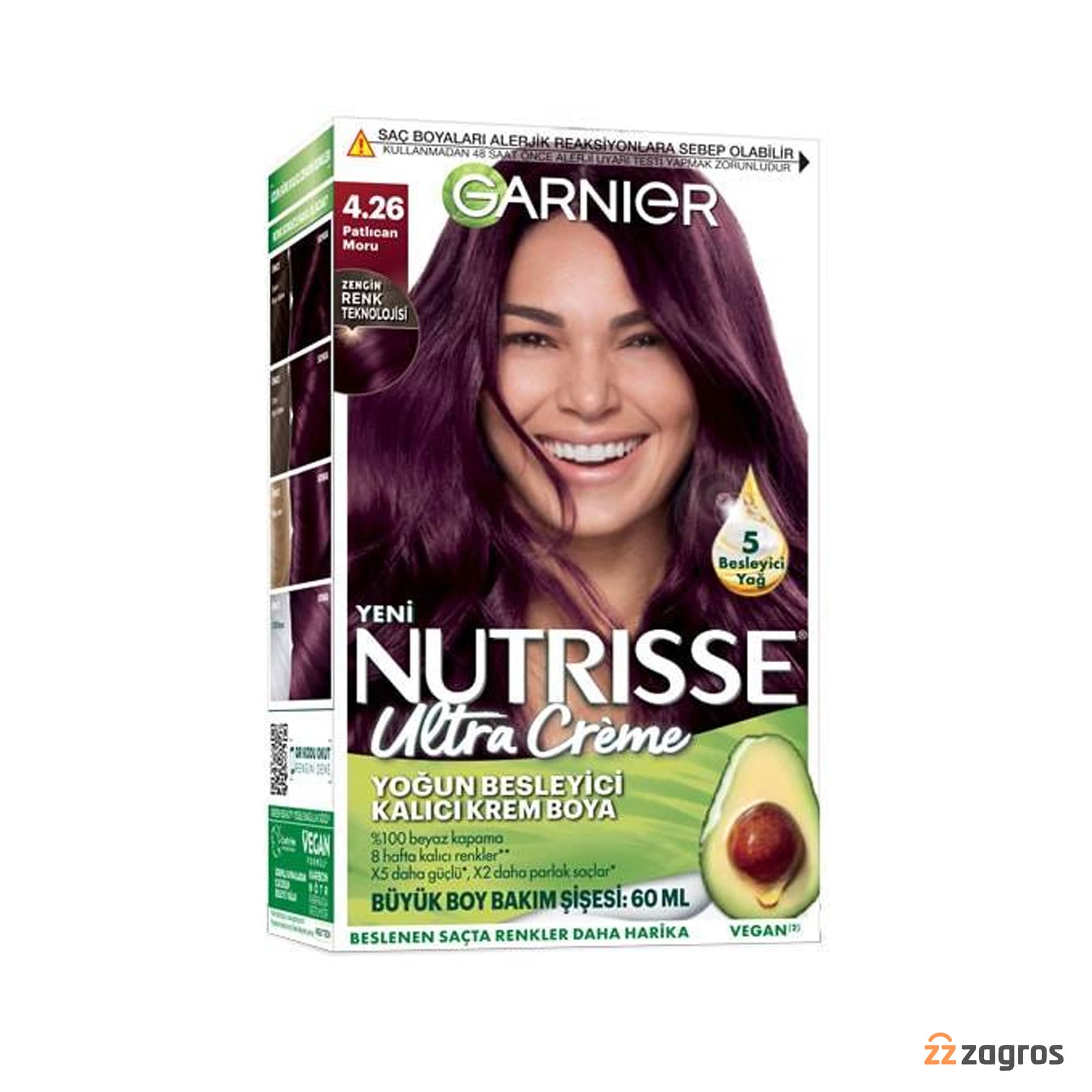 کیت رنگ مو گارنیر سری Nutrisse Ultra Creme شماره 4.26 پایه رنگ بنفش بادمجانی — تصویر ۲