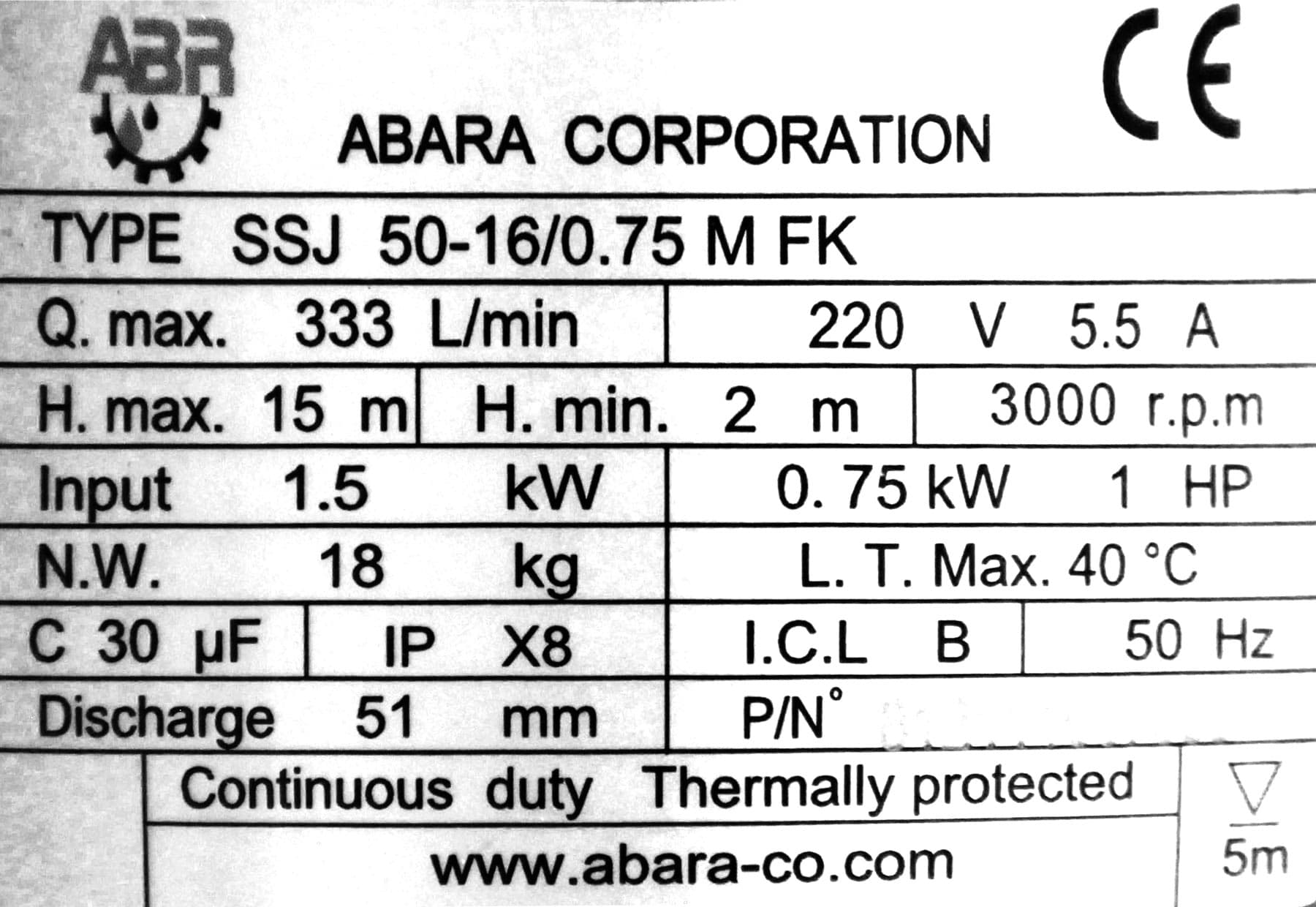 پمپ لجن کش چدنی تکفاز مدل SSJ 50-16 0.75 M FK آبارا — تصویر ۹