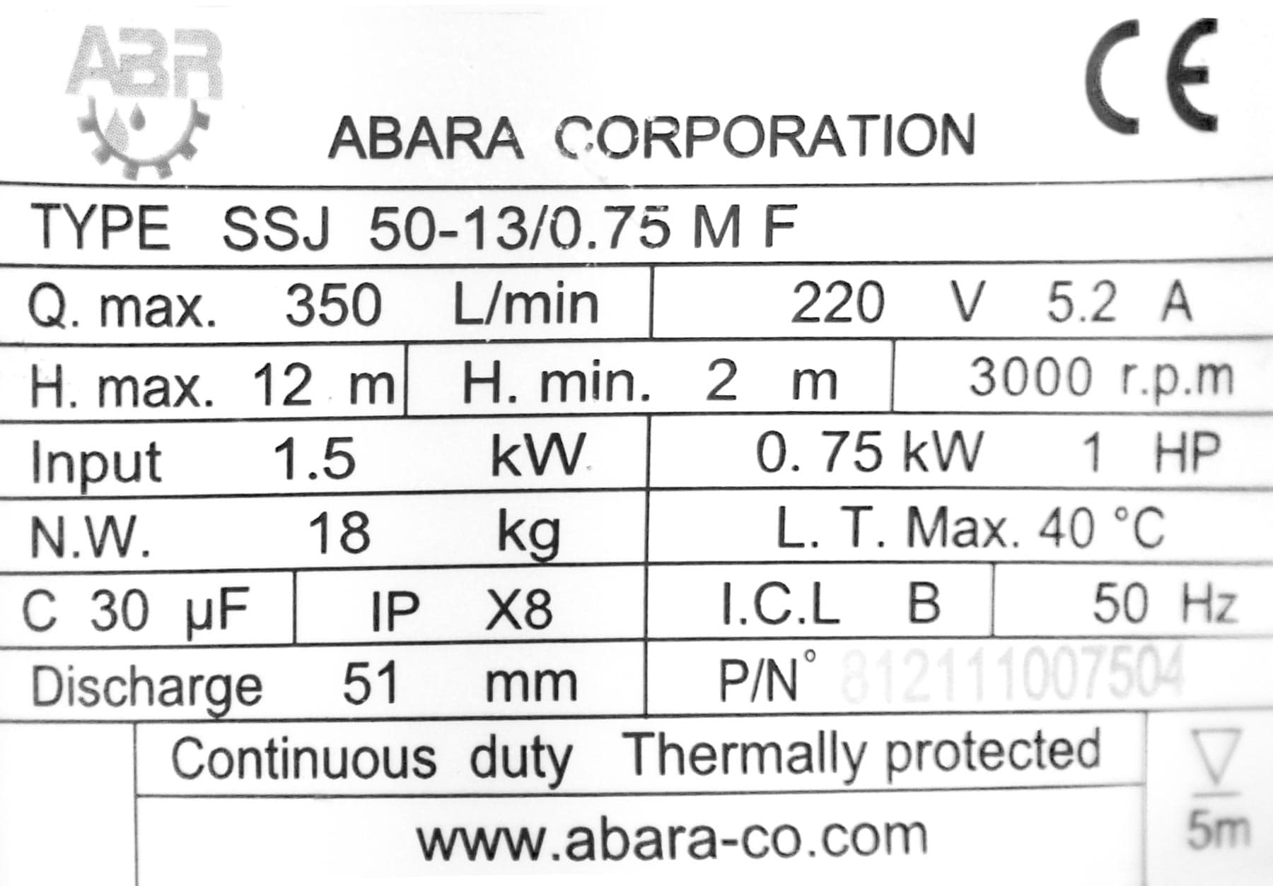 پمپ لجن کش چدنی تکفاز مدل SSJ 50-13 0.75 MF آبارا — تصویر ۹