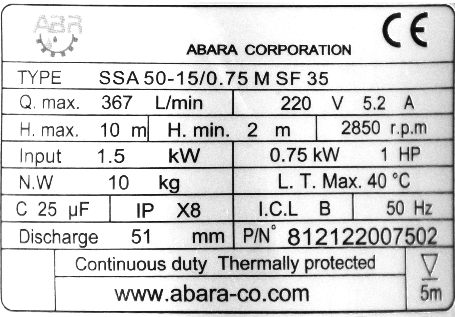 پمپ لجن کش تکفاز مدل SSA 50-15 0.75 M SF35 آبارا — تصویر ۹