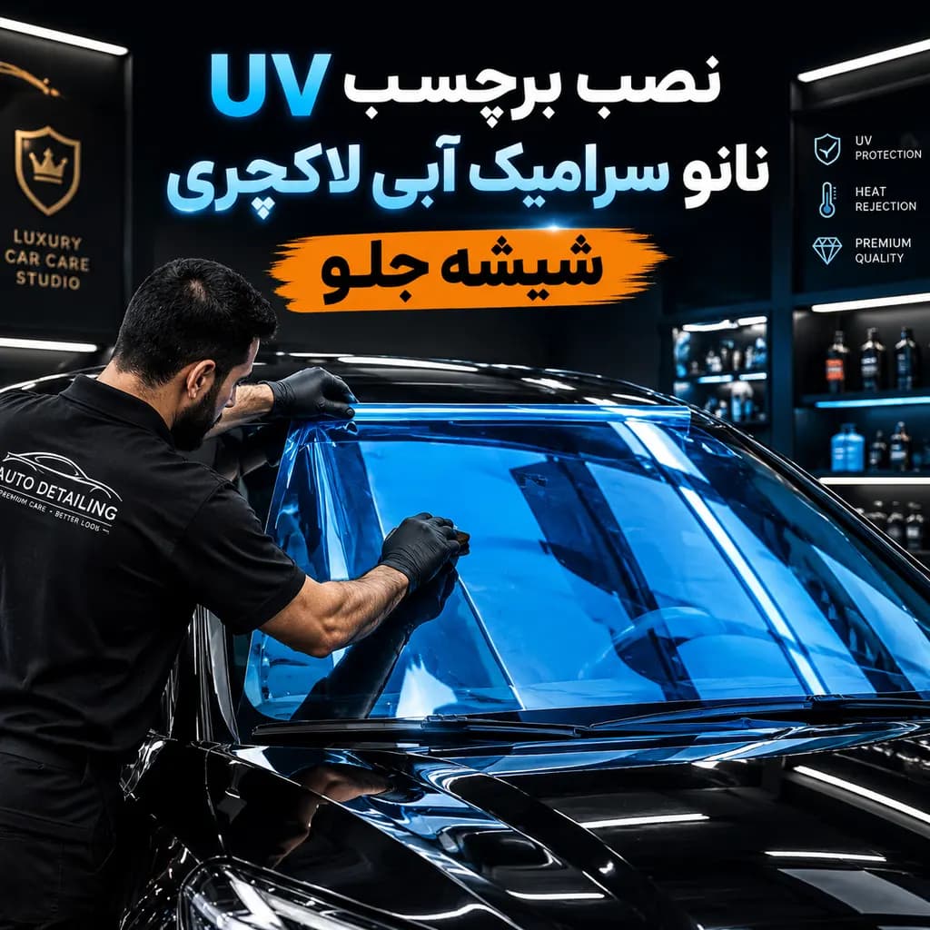 خدمات نصب برچسب UV نانو سرامیک ابی لاکچری شیشه جلو