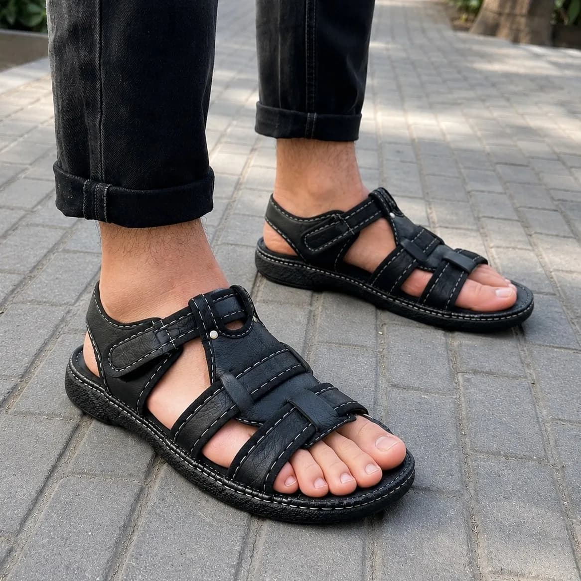 صندل چرم مردانه مدل سالار رنگ مشکی و قهوه ای روزمره — تصویر ۶