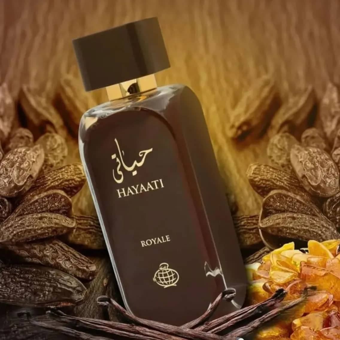 عطر ادکلن زنانه مردانه حیاتی رویال فراگرنس ورد رایحه موصوف عربی (Fragrance World Hayaati Royale) حجم 100 میل — تصویر ۱۲