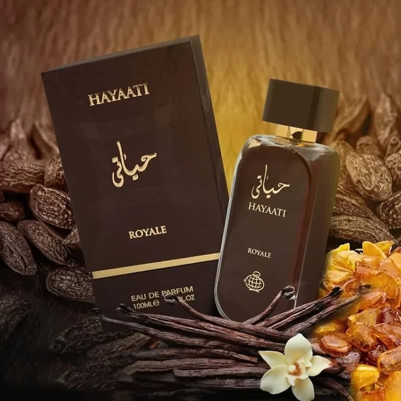 عطر ادکلن زنانه مردانه حیاتی رویال فراگرنس ورد رایحه موصوف عربی (Fragrance World Hayaati Royale) حجم 100 میل — تصویر ۳