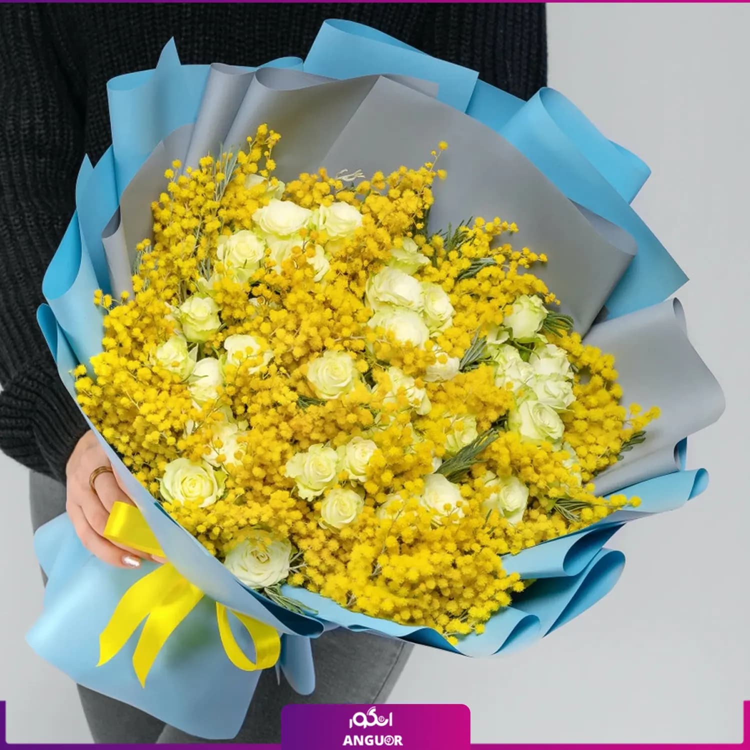 دسته گل رز مینیاتوری سفید و ژیپسوفیلا زرد — تصویر ۲
