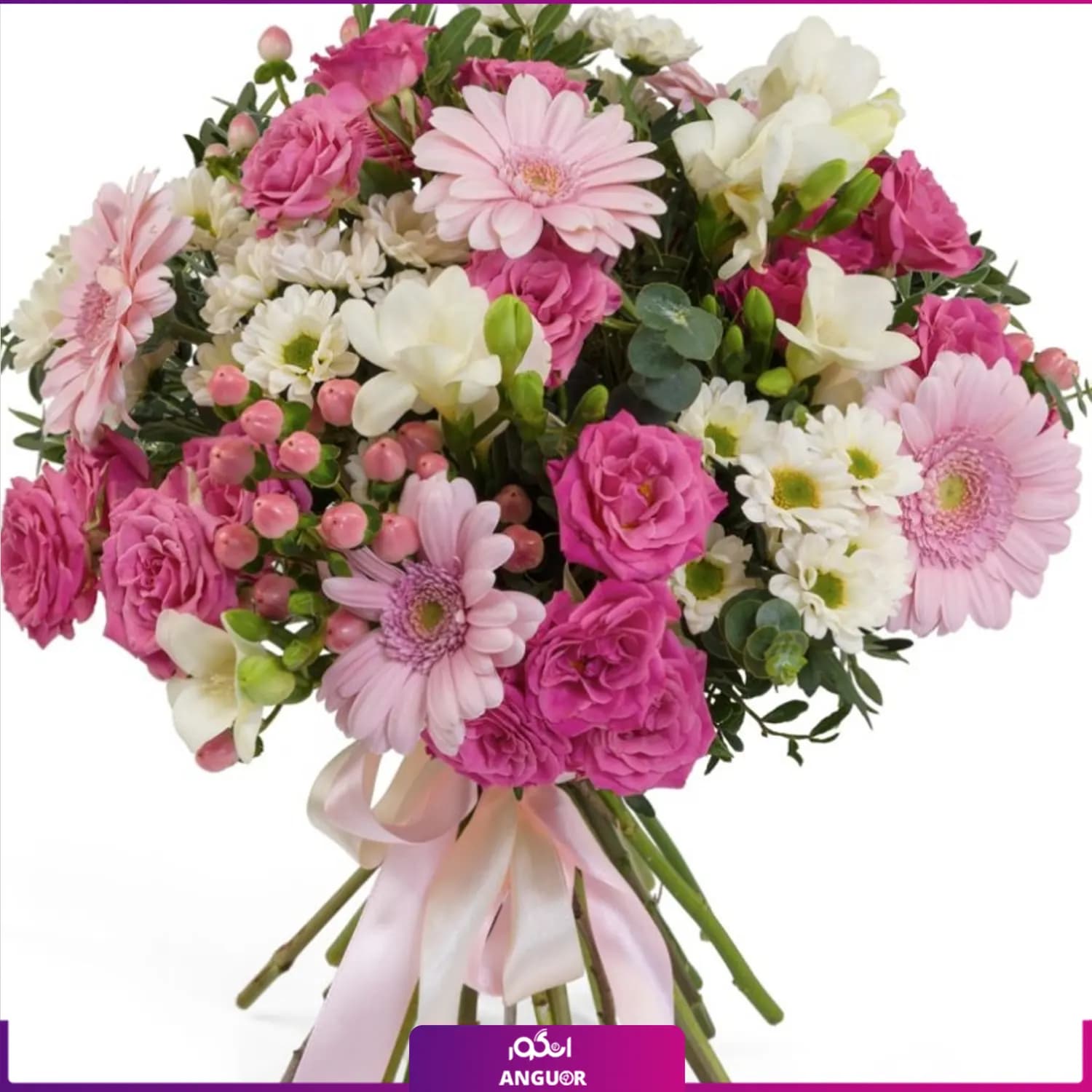 دسته گل ترکیبی رز مینیاتوری، ژربرا و داوودی — تصویر ۳