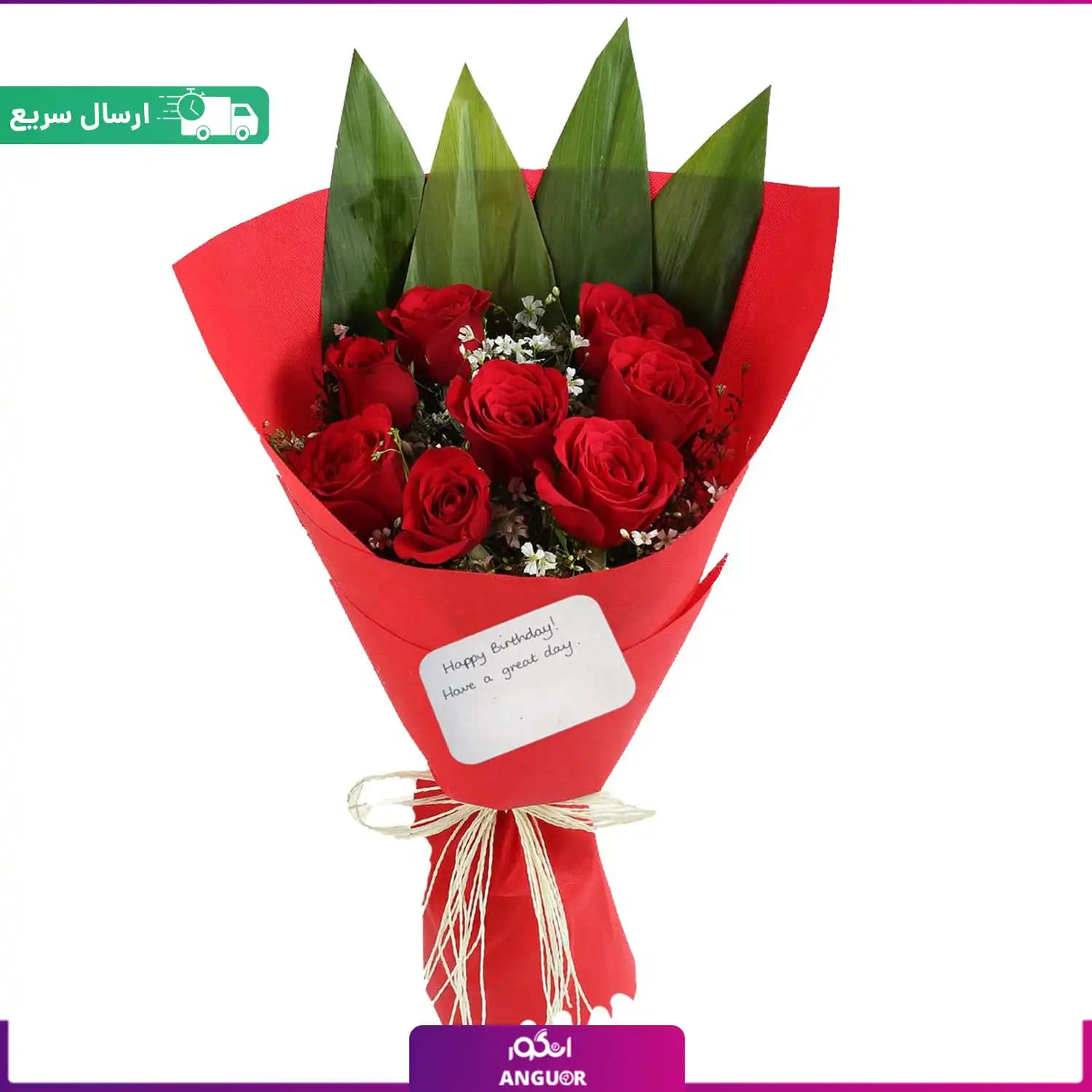 دسته گل 9 شاخه رز قرمز ممتاز (رز هلندی)