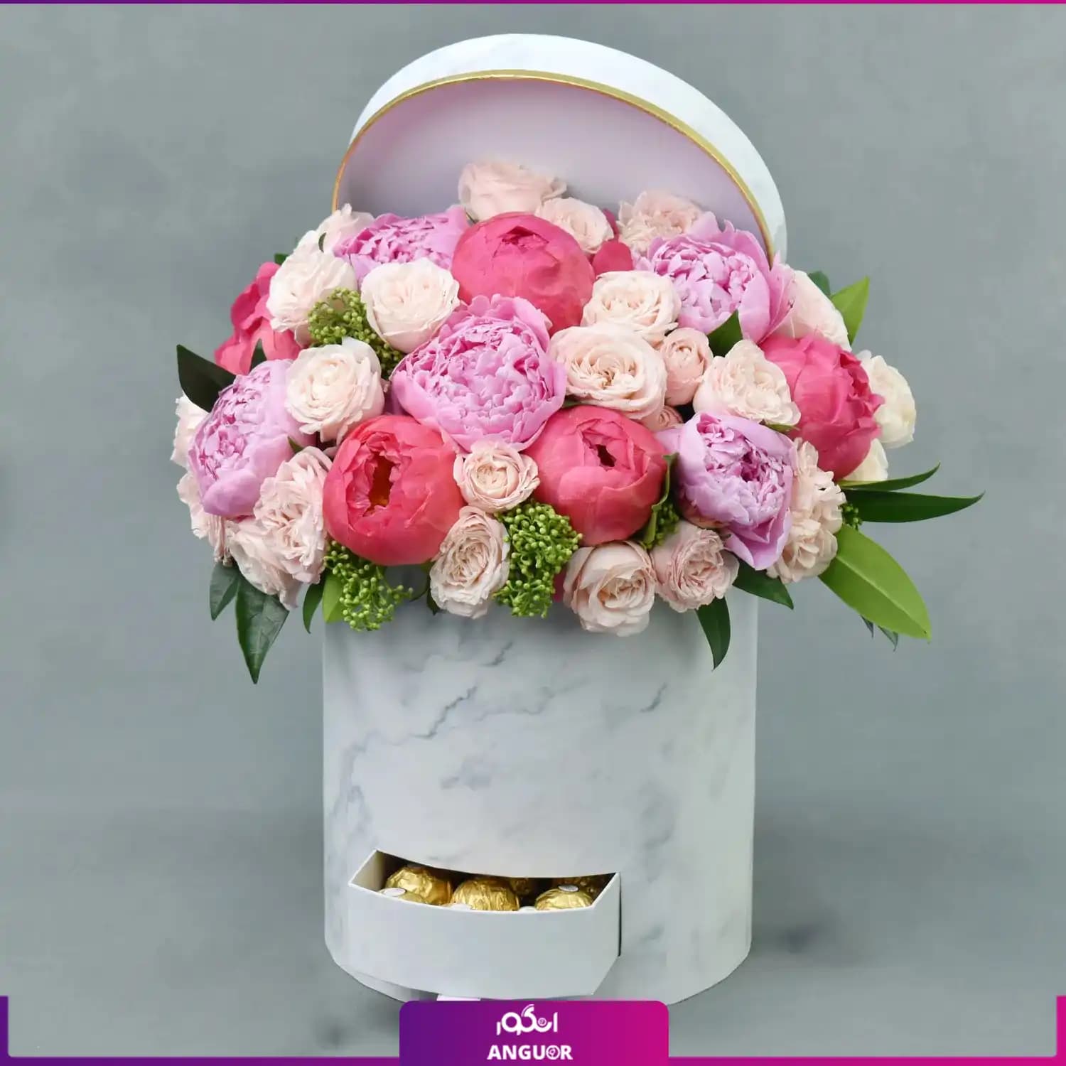 باکس گل پیونی و رز مینیاتوری + شکلات — تصویر ۲