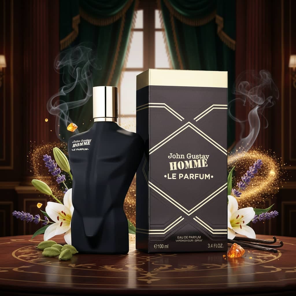 عطر ادکلن مردانه ژان پل گوتیه له میل له پرفیوم فراگرنس ورد مدل جان گوستاو هوم له پارفوم (Fragrance World Jean Paul Gaultier Le Male Le Parfum) حجم 100 میل