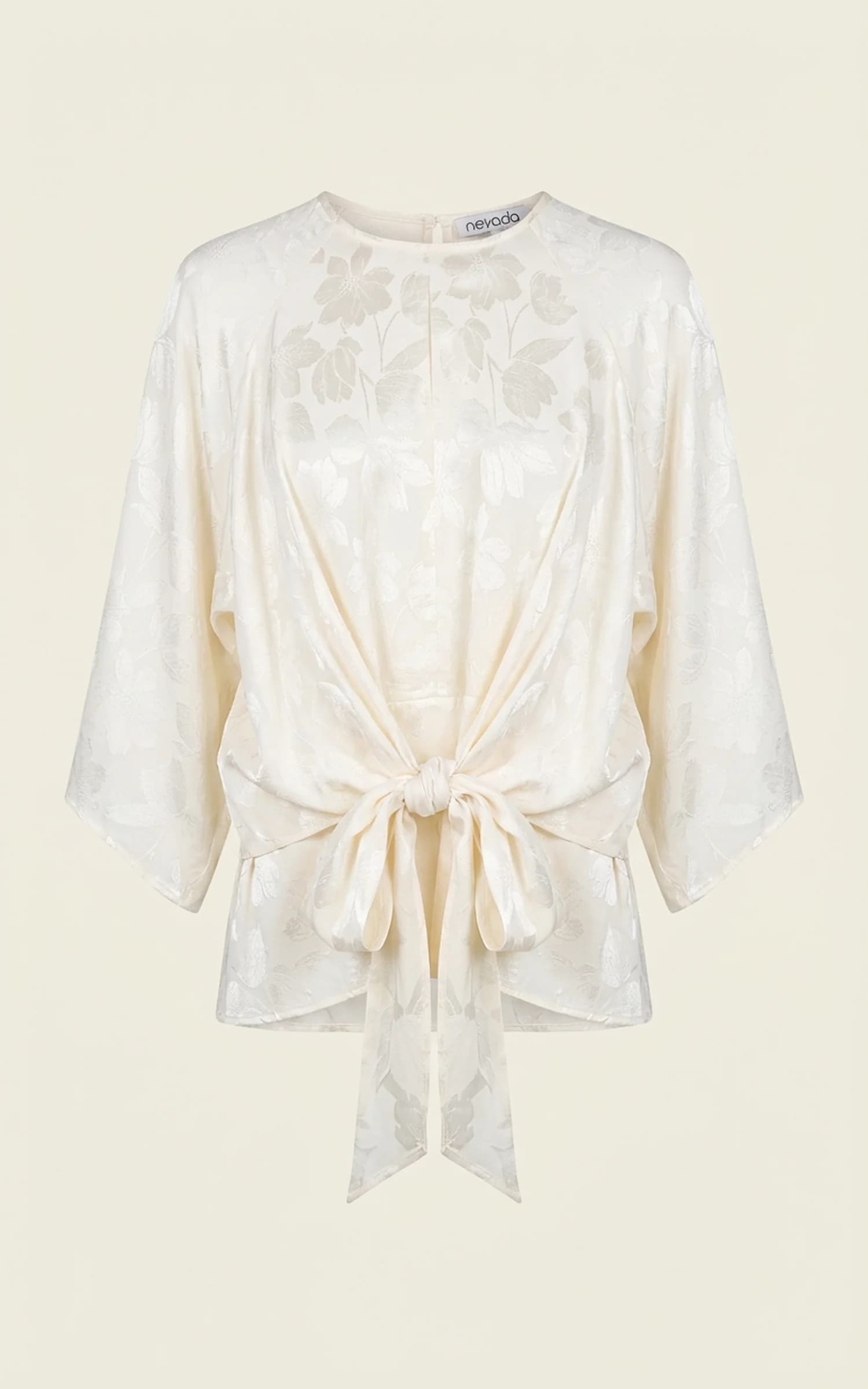 بلوز شیری ژاکارد گلدار زنانه با گره جلو و آستین سه‌ربع nevado کد 403012751324 — تصویر ۲