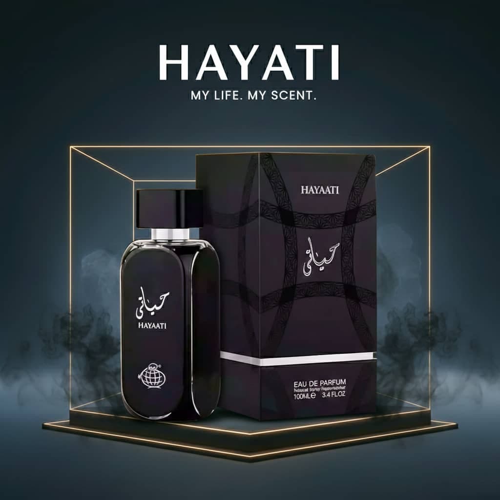 عطر ادکلن زنانه مردانه حیاتی فراگرنس ورد مدل حیاتی مشکی (Fragrance World Hayaati) حجم 100 میل