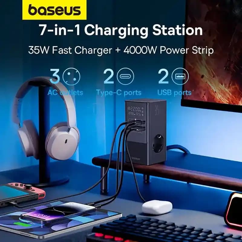 شارژر رومیزی باسئوس Baseus PowerCombo Tower 3AC+2u+2C E00023606113-00 35W — تصویر ۷