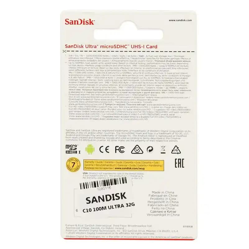 کارت حافظه MicroSDHC سن دیسک مدل Ultra کلاس 10 UHS-I ظرفیت 32 گیگابایت سرعت 100 مگابایت بر ثانیه — تصویر ۴