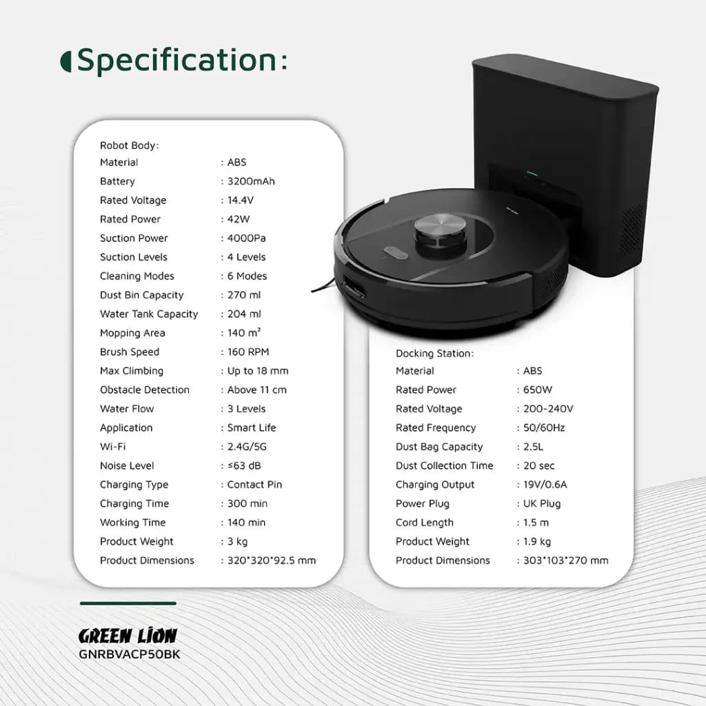 جاروبرقی رباتیک هوشمند 4000Pa گرین لاین مدل Vacuum Pro GNRBVACP50BK — تصویر ۹
