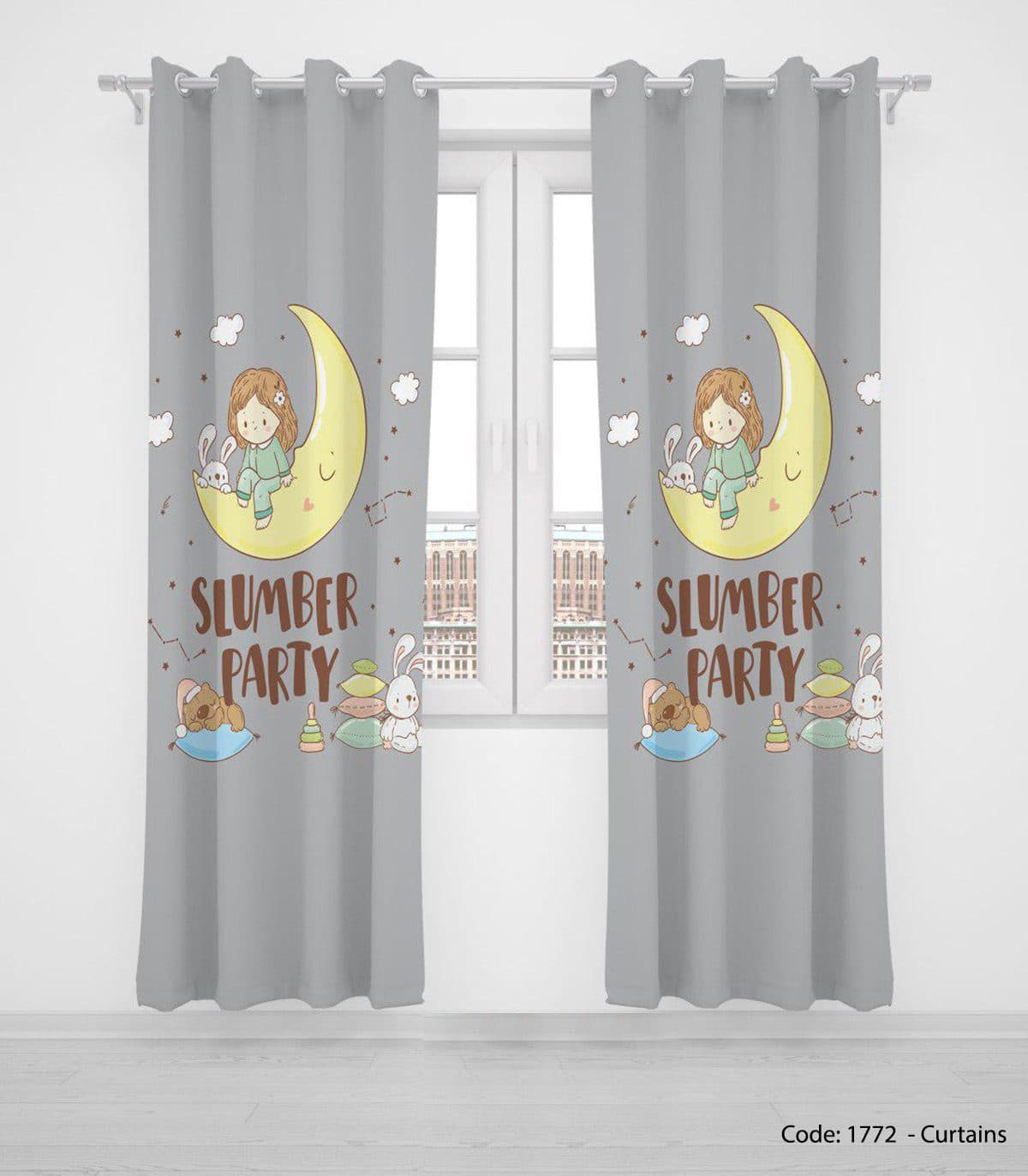 پرده پانچی دو تکه طوسی و زرد اتاق کودک مدل SLUMBER PARTY