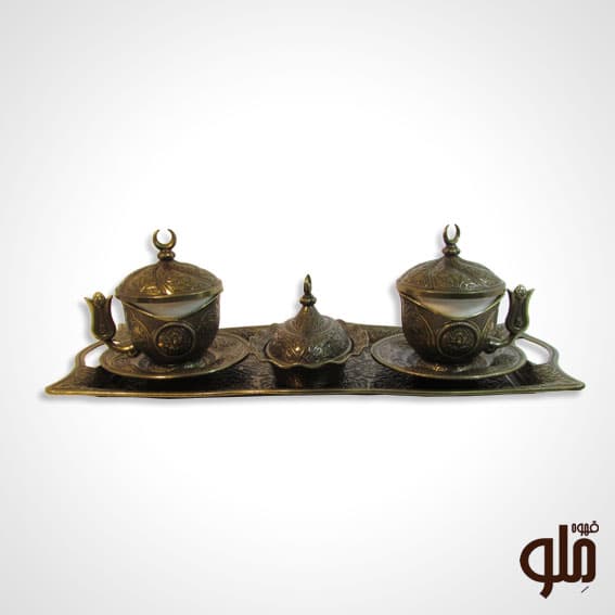 ست ۲ نفره قهوه خوری برنزی با سینی مستطیل