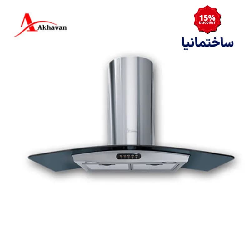 هود شومینه‌ای اخوان مدل H1-G | ترکیب شیشه دودی و استیل با مکش بالا — تصویر ۲
