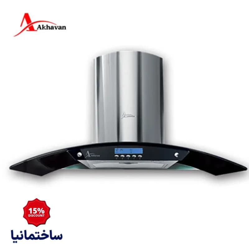 هود شومینه‌ای اخوان مدل H11-G | طراحی شیشه دودی و استیل با عملکرد کم‌صدا و مکش قوی — تصویر ۲
