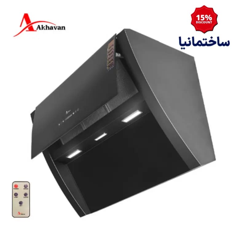 هود مورب اخوان مدل H69-B با درب اتوماتیک برقی و سنسور دود | طراحی شیشه‌ای مشکی و مکش قوی — تصویر ۲