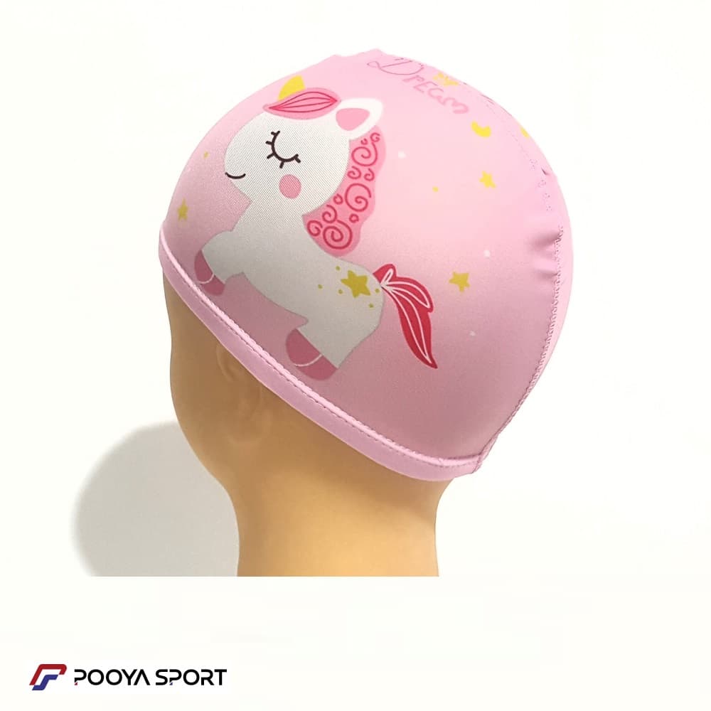 کلاه شنا بچه گانه پارچه ای ضد کلر پونی شاخ دار PINK — تصویر ۳