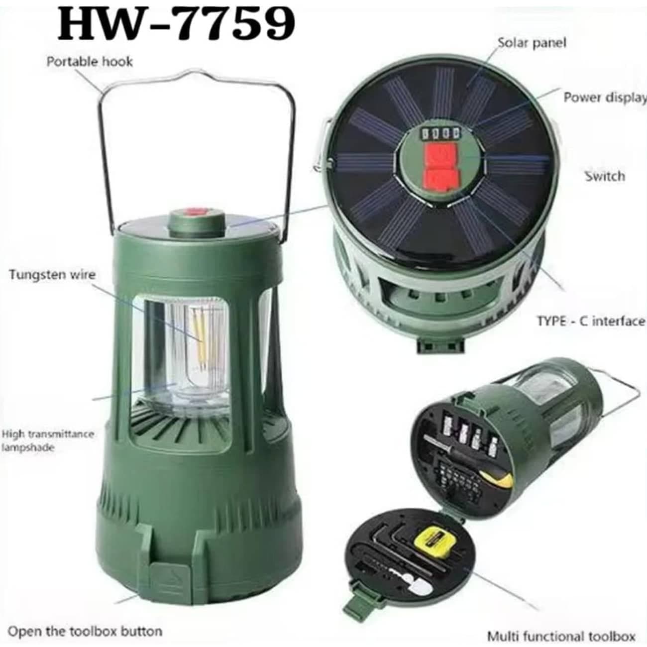 چراغ کمپینگ شارژی خورشیدی مدل HW-7759W با جعبه ابزار داخلی — تصویر ۶