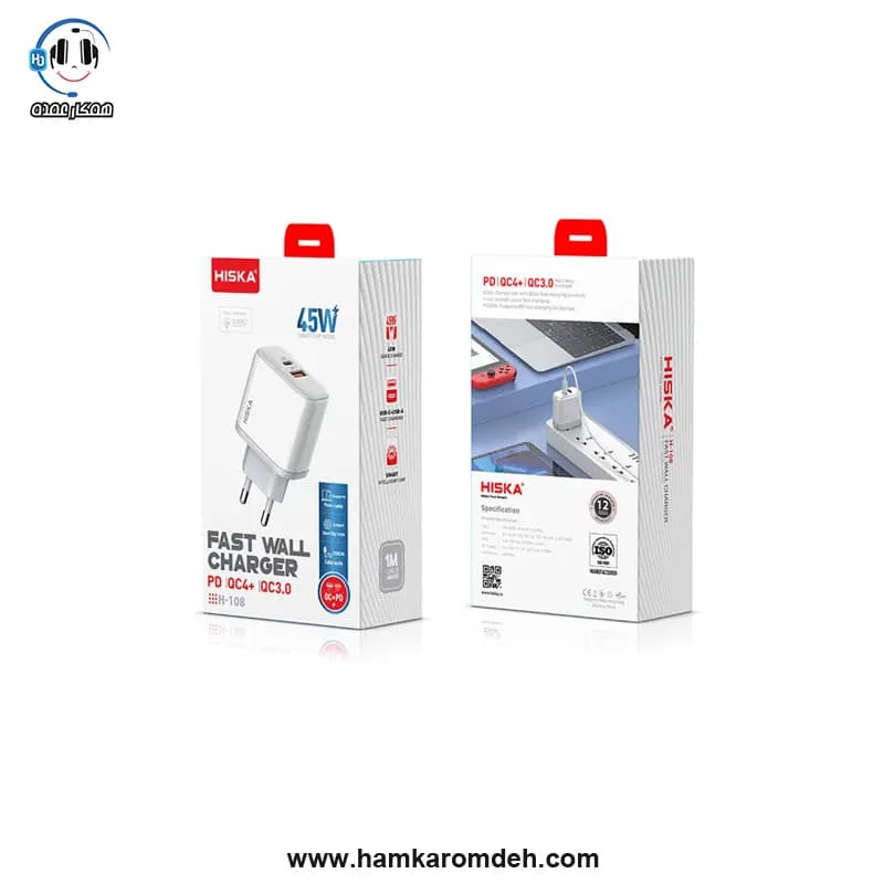 شارژ دیواری H-108 PD هیسکا (HISKA) به همراه کابل USB-C — تصویر ۳