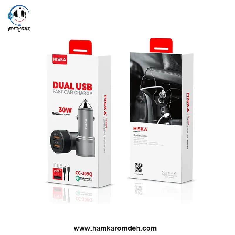 شارژر فندکی CC-309Q تایپ سی هیسکا (HISKA) همراه کابل USB-C — تصویر ۴