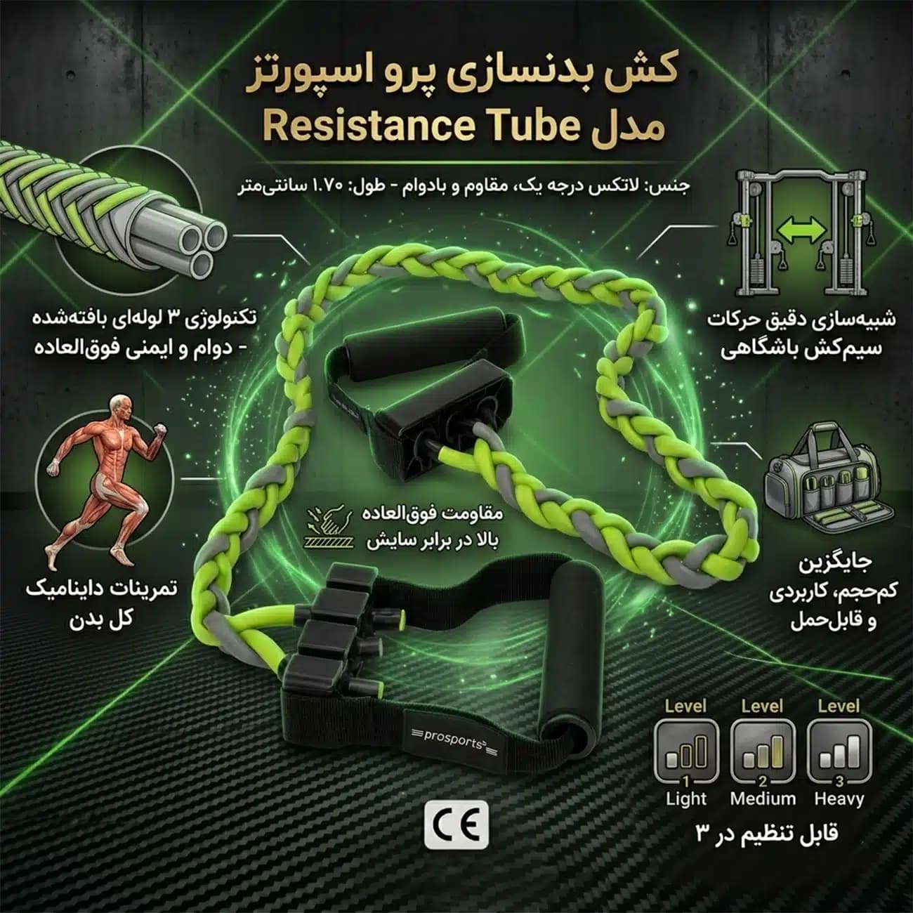 کش بدنسازی پرو اسپورتز PRO SPORTS مدل Resistance Tube سه رشته ای — تصویر ۶