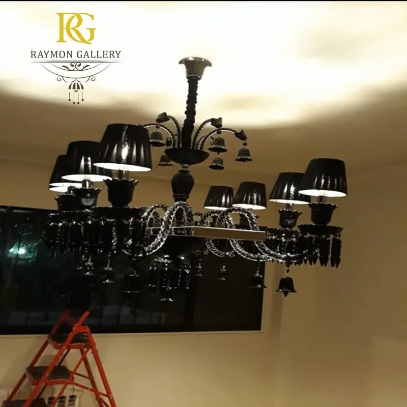 لوستر باکارات مشکی خطی لوکس با شید پارچه ای(8 شاخه)