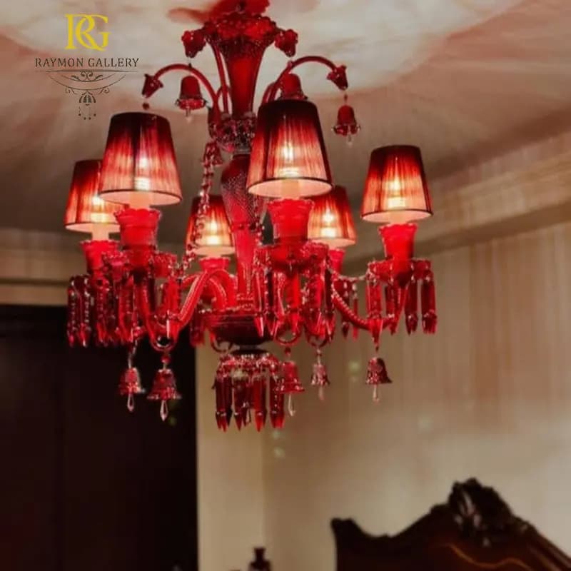 لوستر باکارات قرمز با شید پارچه ای (6 شاخه) — تصویر ۲