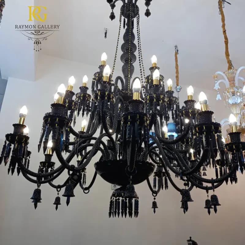 لوستر باکارات طبقاتی مشکی براق کریستالی مهره ای (48 شاخه)