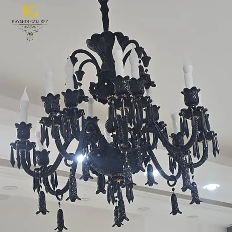 لوستر باکارات مشکی بلوری فرم مخروطی (12 شاخه) — تصویر ۳