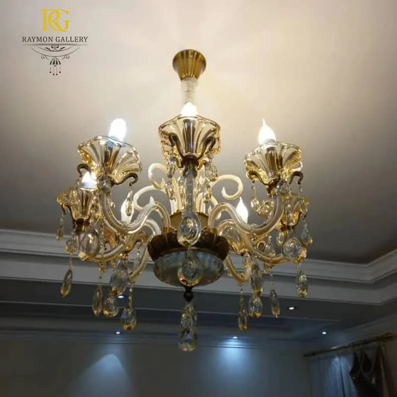 لوستر طلایی آویز اشکی کریستال کلاسیک پرکار (8 شاخه) — تصویر ۲