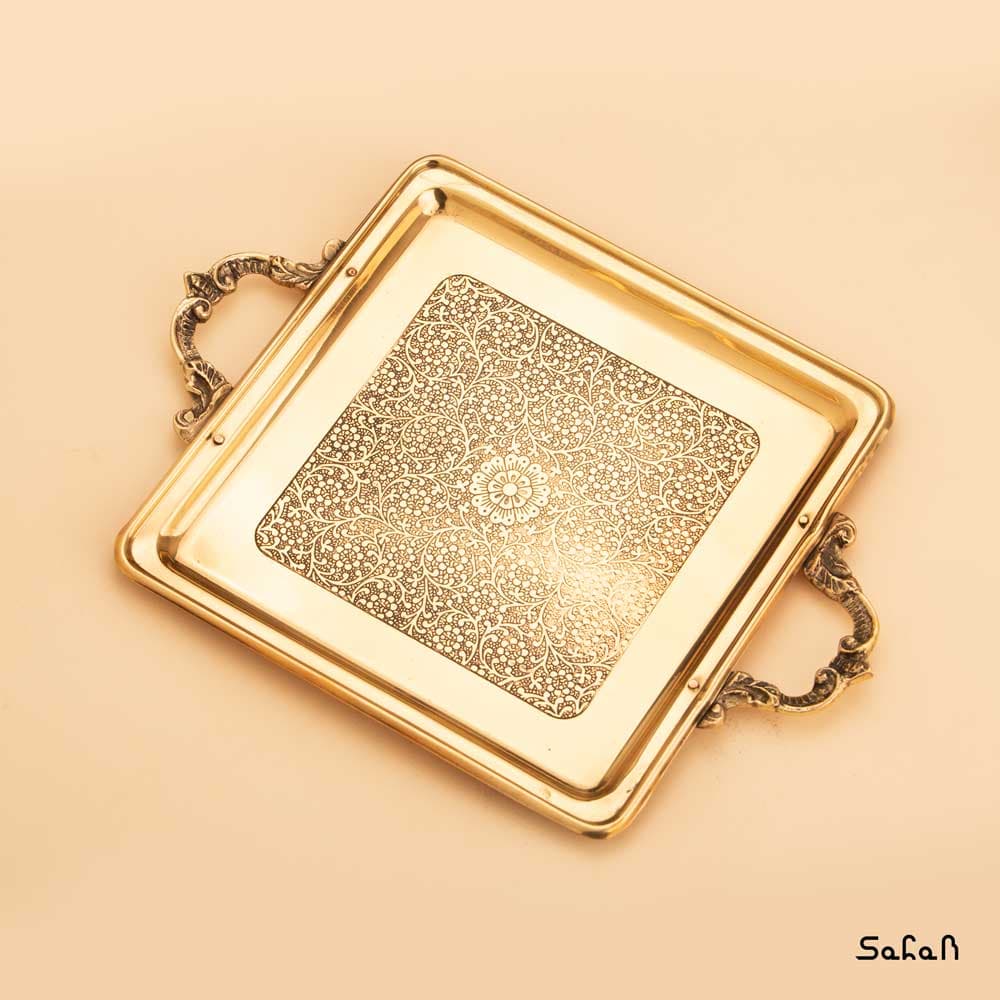 سینی برنجی آنتیک دسته دار مربعی سایز 1