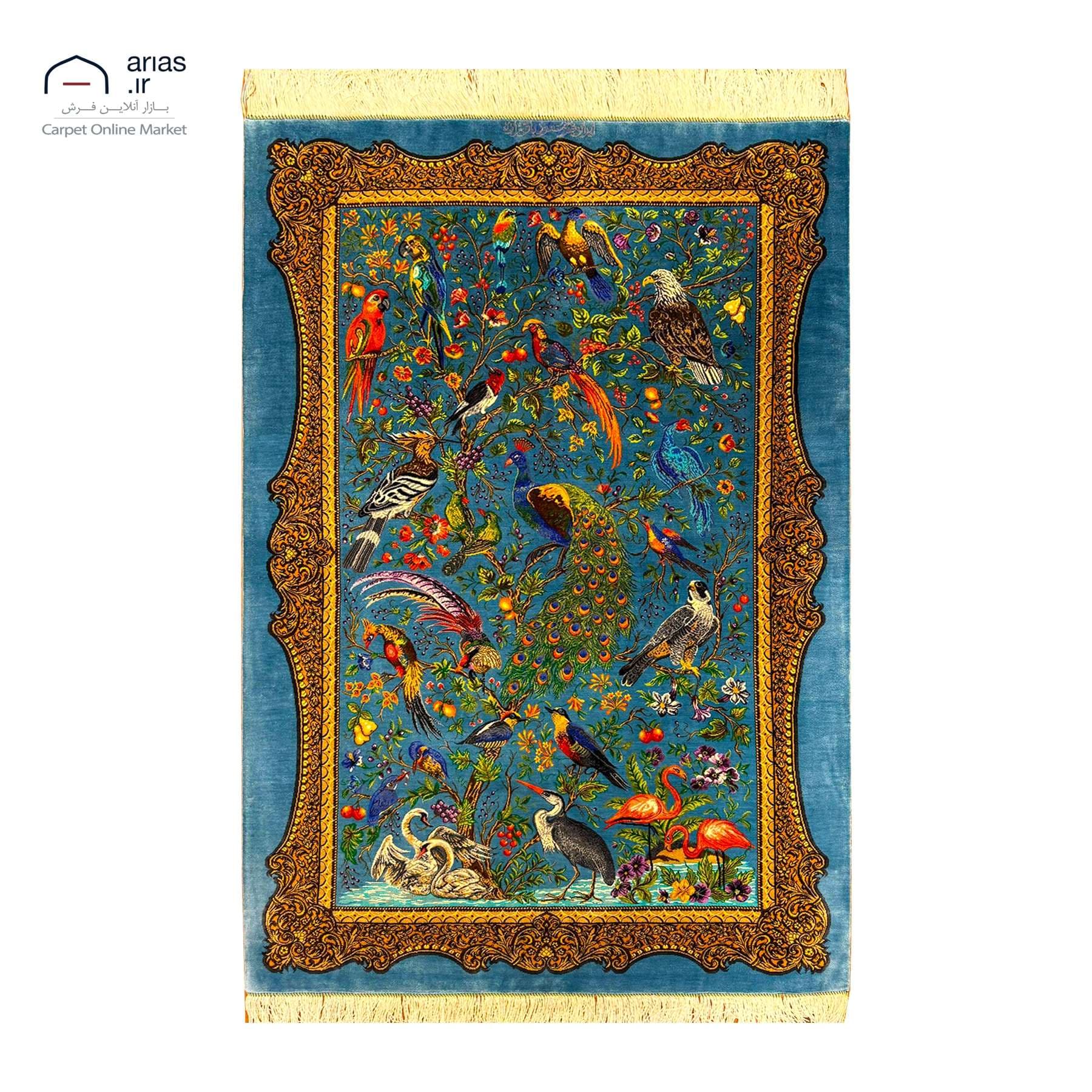 فرش دستباف ذرع چارک تمام ابریشم پرندگان زمینه آبی نفتی مارک باقرزاده بافت قم کد D03176G — تصویر ۲