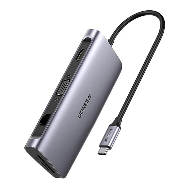 هاب 9 پورت Type C یوگرین مدل 40873-CM179 با 3 پورت 3.0 USB و پورت HDMI و VGA و LAN و درگاه کارت حافظه و Type-C با قابلیت PD