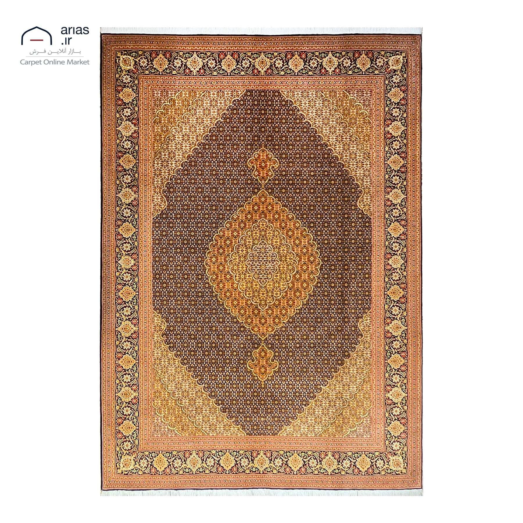فرش جفت دستباف شش متری چله نخ گل ابریشم نقشه ماهی زمینه سرمه ای بافت تبریز کد D03164A — تصویر ۵