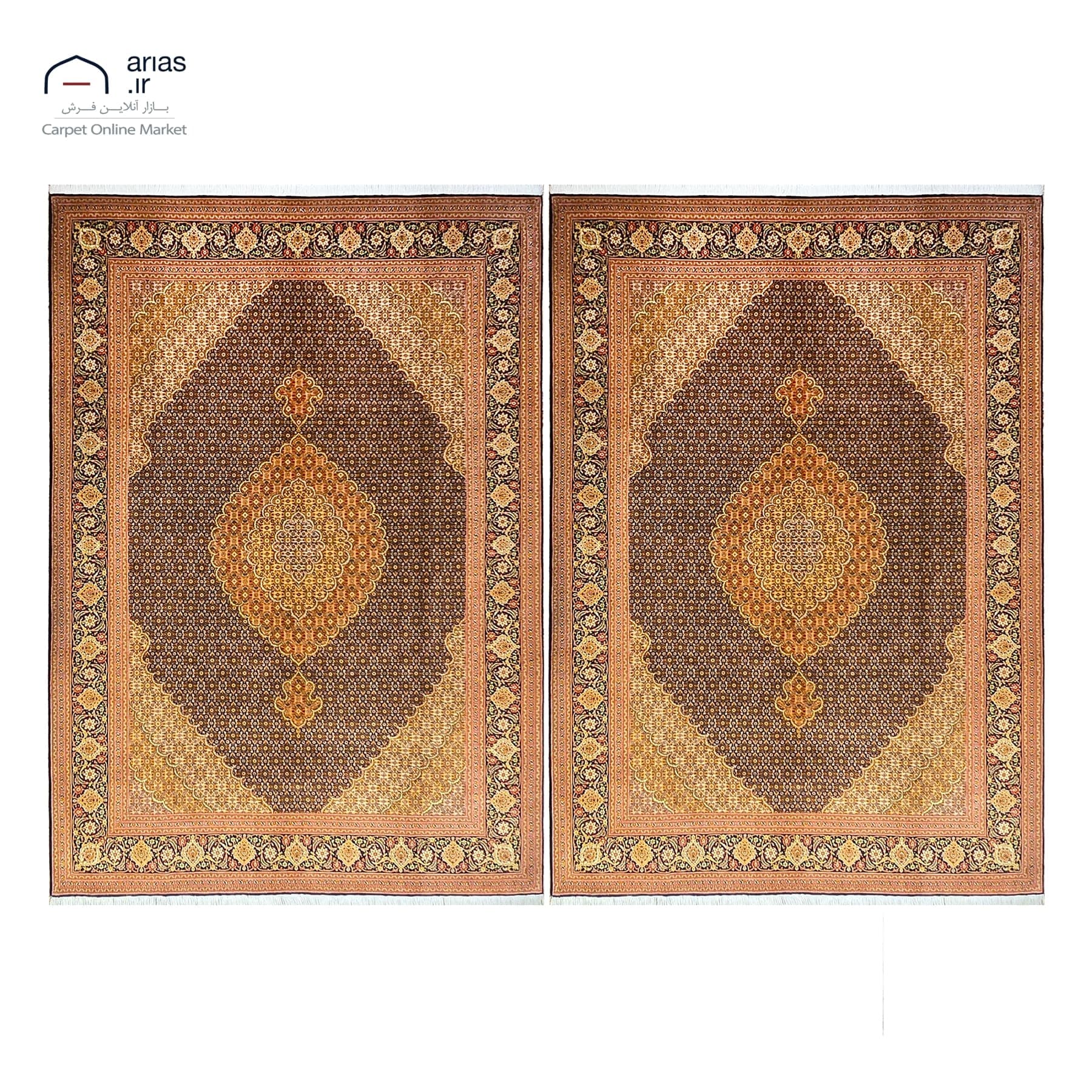 فرش جفت دستباف شش متری چله نخ گل ابریشم نقشه ماهی زمینه سرمه ای بافت تبریز کد D03164A