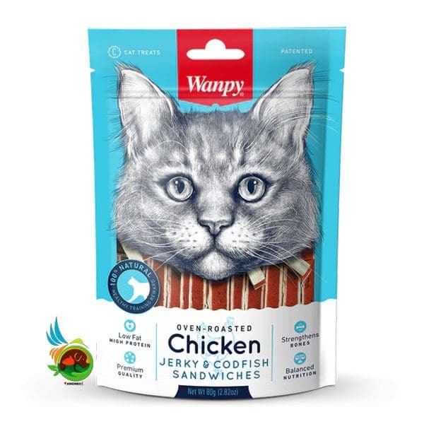 تشویقی ساندویچی گربه ونپی با طعم مرغ و ماهی Wanpy chicken jerky & cod fish sandwiches وزن 80 گرم — تصویر ۲
