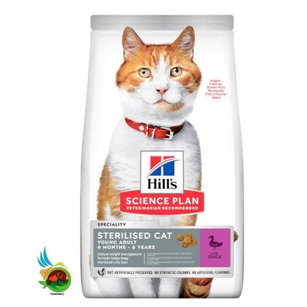 غذای خشک گربه بالغ عقیم هیلز با طعم اردک Hill’s science plan sterilised cat with duck وزن 3 کیلوگرم
