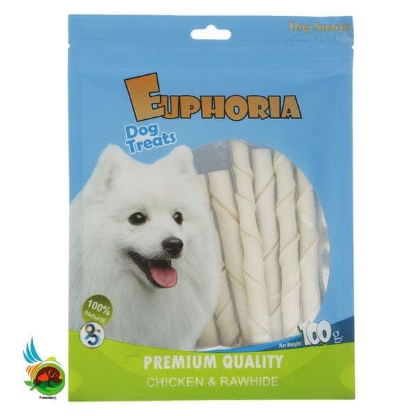 تشویقی سگ ایفوریا با طعم مرغ مدل مدادی فلورایدی Euphoria dog treats with chicken &amp; rawhide وزن ۱۰۰ گرم