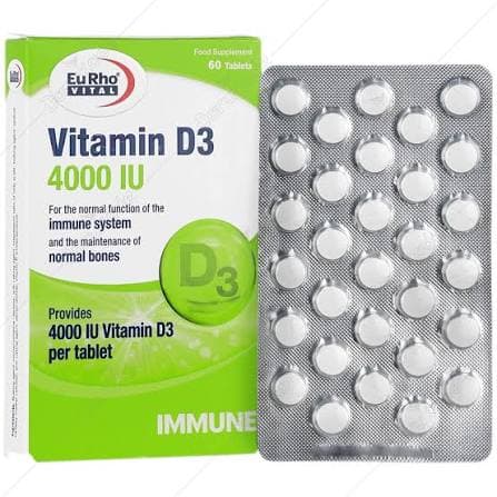 قرص ویتامین د3 4000 واحد یوروویتال / Eurho Vital Vitamin D3 مناسب برای تقویت سیستم ایمنی و سلامت استخوان بسته 60 عددی