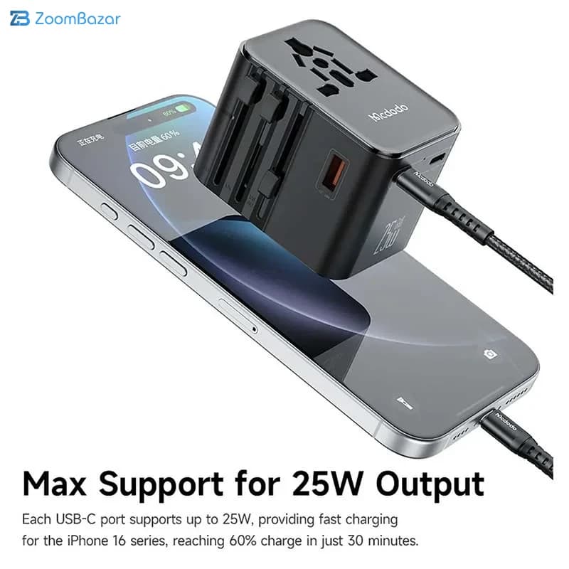تبدیل پریز و شارژر دیواری مسافرتی USB و تایپ‌سی 25 وات مک‌دودو مدل CP-3260 — تصویر ۴