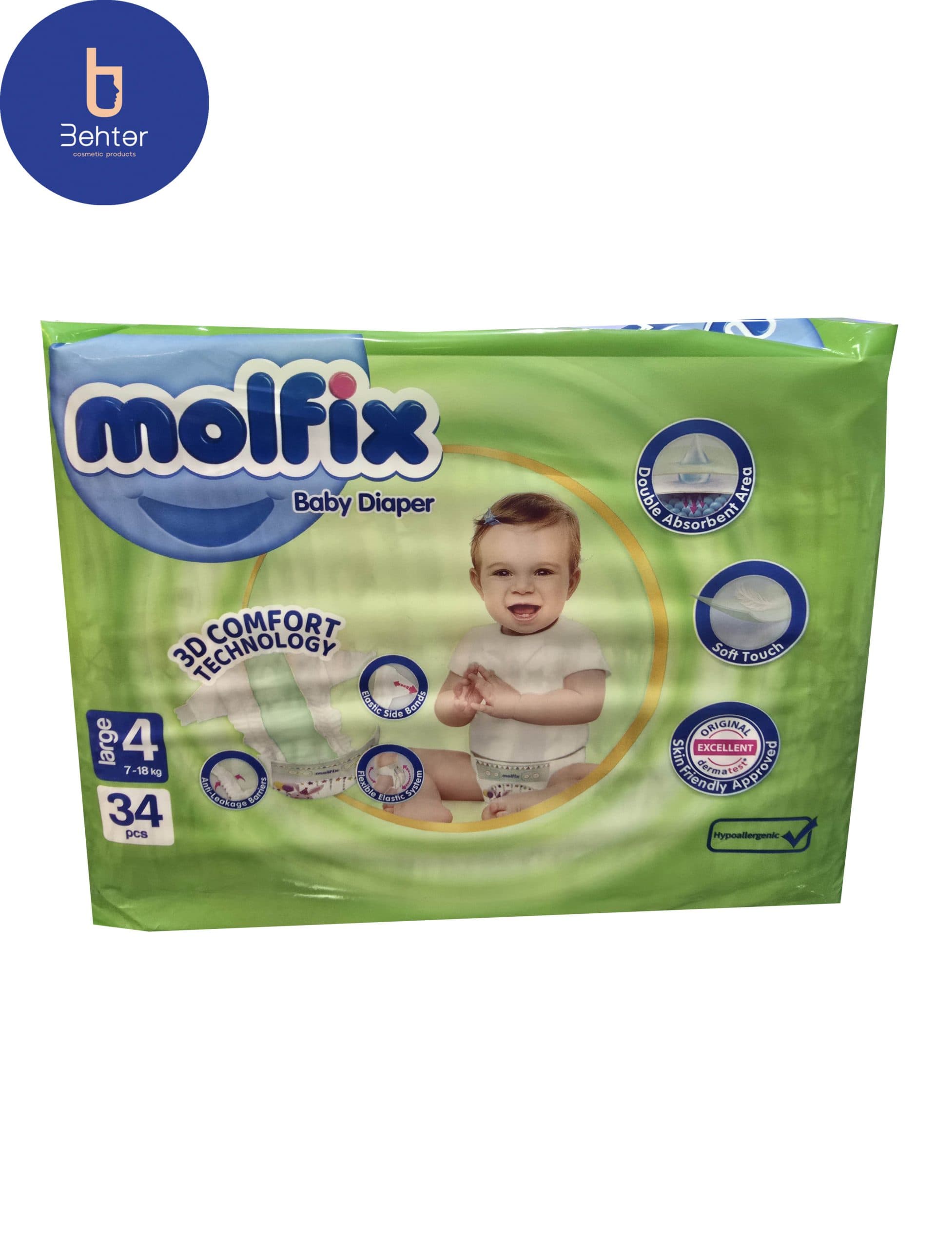 پوشک مولفیکس سایز 4 لارج بسته بندی 34 عددی Molfix diapers, size 4 Large , 34 pcs