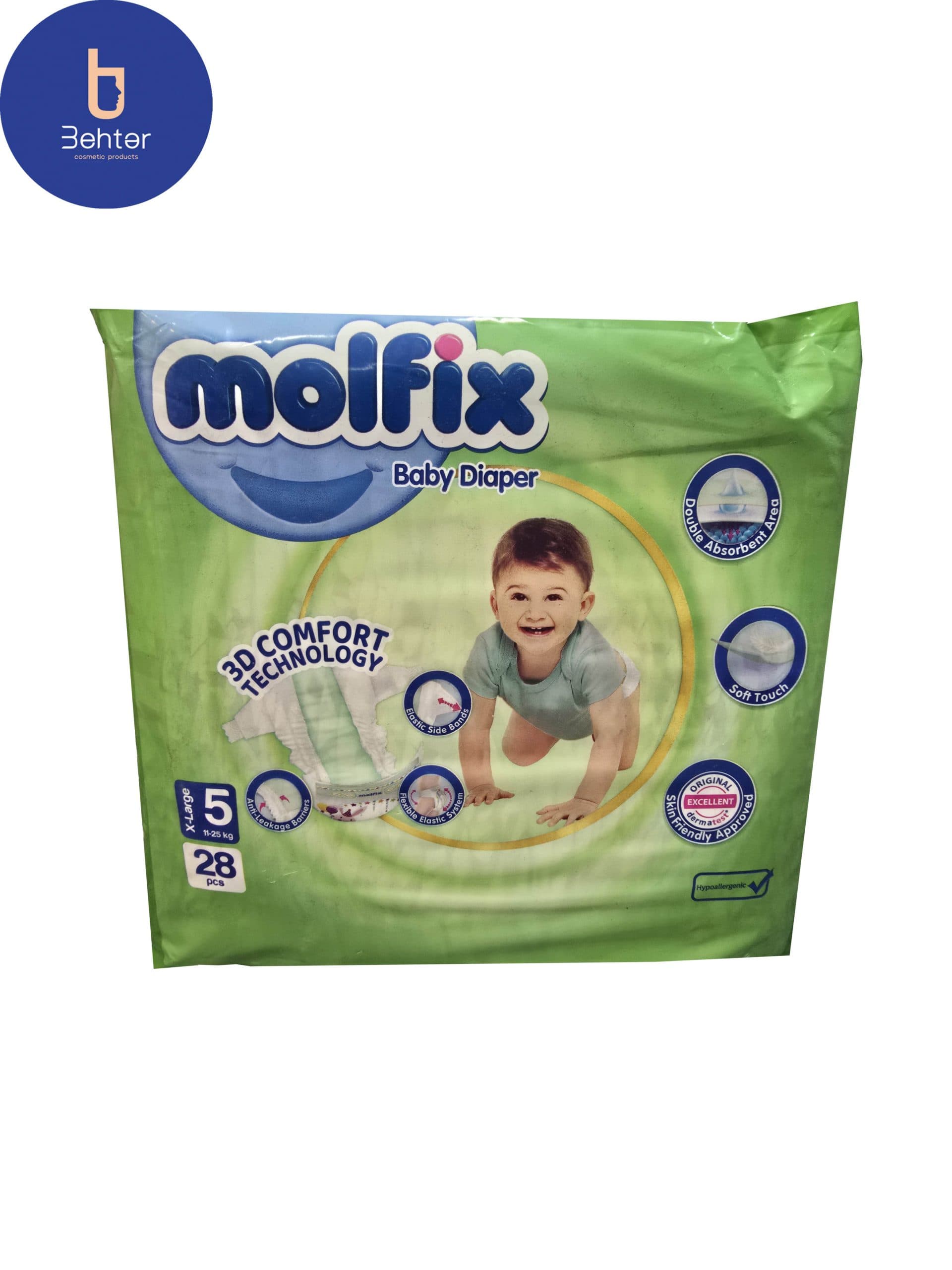 پوشک مولفیکس سایز 5 ایکس لارج بسته بندی 28 عددی Molfix diaper size 5 X large , 28 pack — تصویر ۲